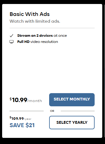 HBO Max Basic plan showing monthly pricing and details for how much Max costs a month