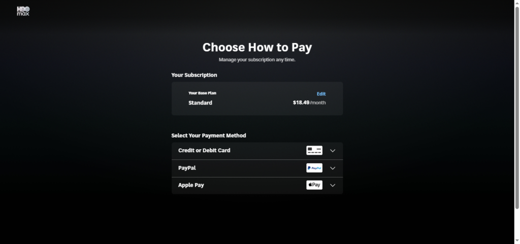 HBO Max payment page showing subscription options and HBO Max Free Trial details.