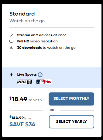 HBO Max Standard plan showing pricing details and how much Max costs a month